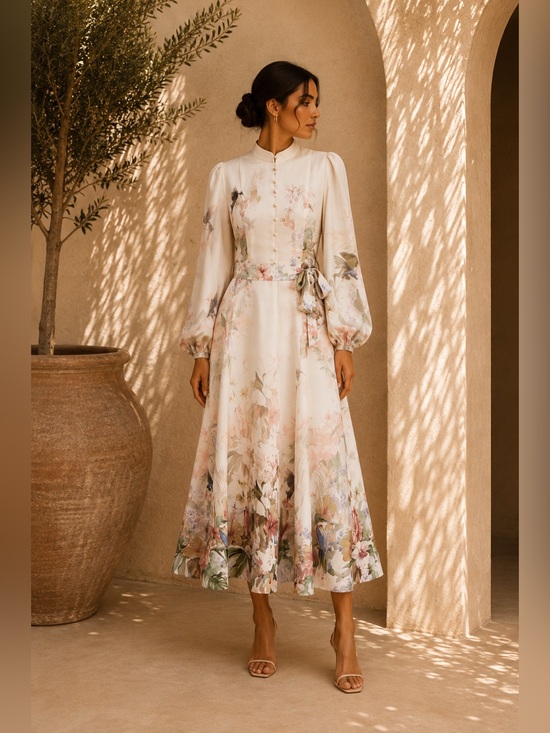 Commense Dresses & Skirts - Commense Apricot Floral Balloon Sleeve Belted Dress S | Romantic Statement Dress